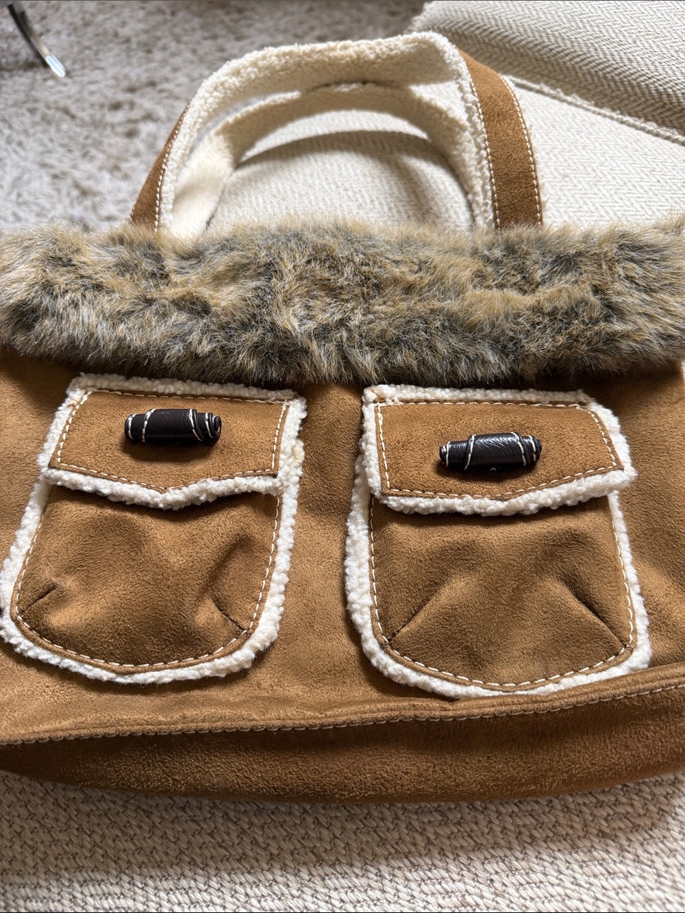 Bath & Body Works Suede Tote with Faux Fur Trim - Tan & Cream